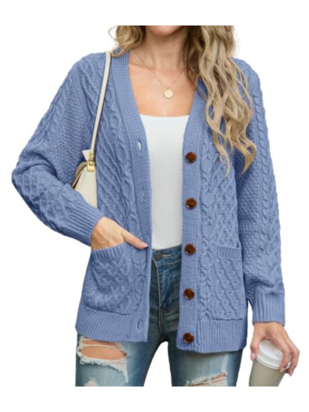 Cable Knit Button Down Cardigan Long Sleeve Acrylic Pockets Women